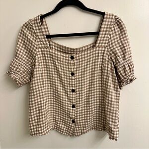Madewell Gingham Jacquard Square Neck Brown White Puff Short Sleeve Blouse SZ M